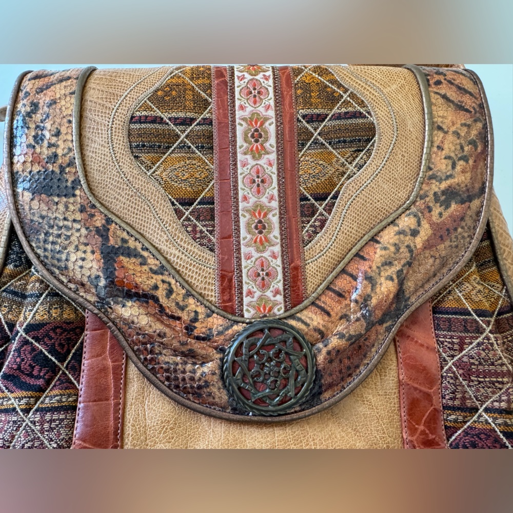 Sharif Mixed Media Snakeskin, Leather and Fabric Patchwork Crossbody Vintage - Picture 15 of 16